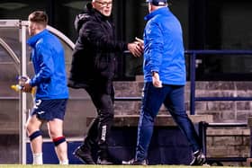 Dunfermline manager John Hughes shakes hands with Raith Rovers boss John McGlynn after the 0-0 draw at Stark's Park.  (Photo by Alan Rennie / SNS Group)