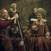 Tony Curran plays King James VI of Scotland and I of England in Mary & George, Sky Atlantic's miniseries inspired by the true story of the Villiers family, whose son George became the king's lover and Duke of Buckingham. L-R Laurie Davidson as Robert Carr, 1st Earl of Somerset, Tony Curran as King James, Nicola Walker as Elizabeth Hatton. Pic: Sky Atlantic