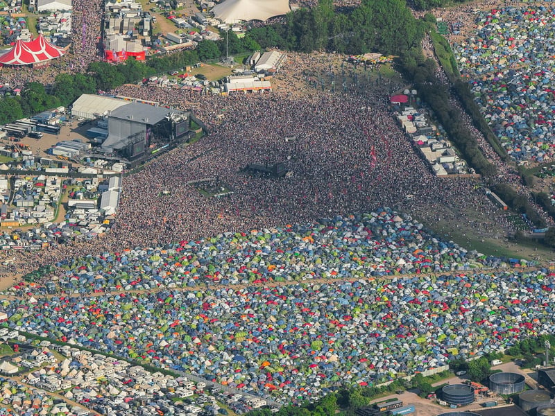 Aerial view of Glastonbury Festival as the weekend begins.