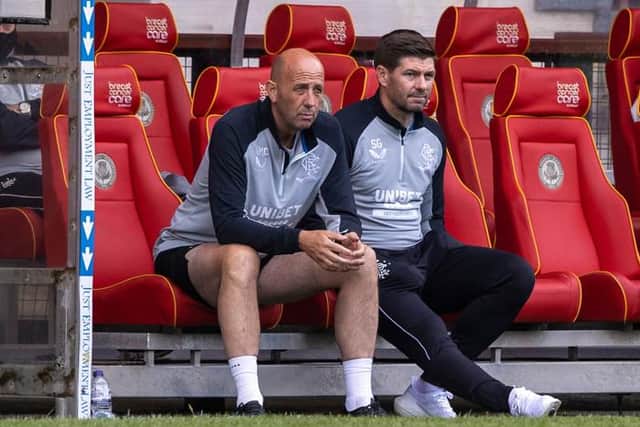 Rangers manager Steven Gerrard (right) and his assistant Gary McAllister look on as the Scottish champions get their pre-season friendly programme underway against Partick Thistle at Firhill on Monday night. (Photo by Craig Williamson / SNS Group)