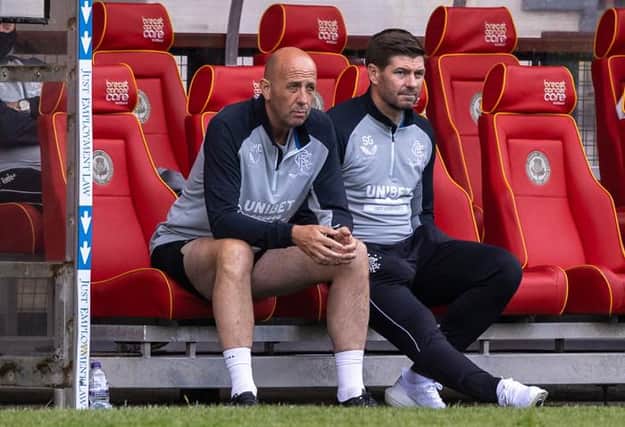 Rangers manager Steven Gerrard (right) and his assistant Gary McAllister look on as the Scottish champions get their pre-season friendly programme underway against Partick Thistle at Firhill on Monday night. (Photo by Craig Williamson / SNS Group)