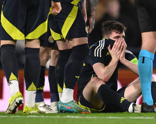 Scotland captain Andrew Robertson reacts after picking up an injury during the 1-0 defeat to Northern Ireland at Hampden. (Photo by Stu Forster/Getty Images)