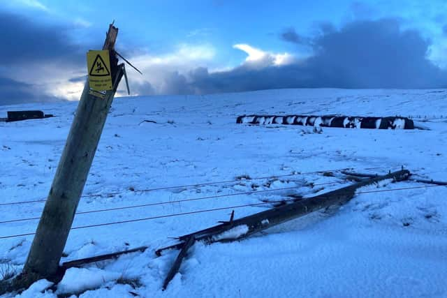 Broken poles in Semblister, Shetland. Picture: SSEN Distribution/PA Wire