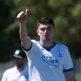 Jake Hastie in action for Hartlepool United during a pre-season friendly match against Hibs in Portugal