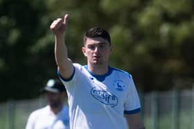 Jake Hastie in action for Hartlepool United during a pre-season friendly match against Hibs in Portugal