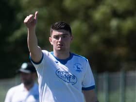 Jake Hastie in action for Hartlepool United during a pre-season friendly match against Hibs in Portugal