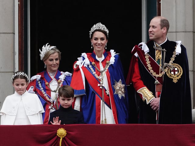 (Left to right) Princess Charlotte, the Duchess of Edinburgh, Prince Louis, the Princess of Wales and the Prince of Wales on the balcony of Buckingham Palace, London, following the coronation.