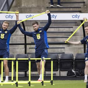 Ryan Porteous, Anthony Ralston, Callum McGregor and Kieran Tierney during a Scotland National Team training session at Lesser Hampden on Thursday.
