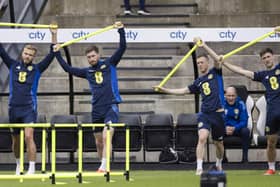 Ryan Porteous, Anthony Ralston, Callum McGregor and Kieran Tierney during a Scotland National Team training session at Lesser Hampden on Thursday.