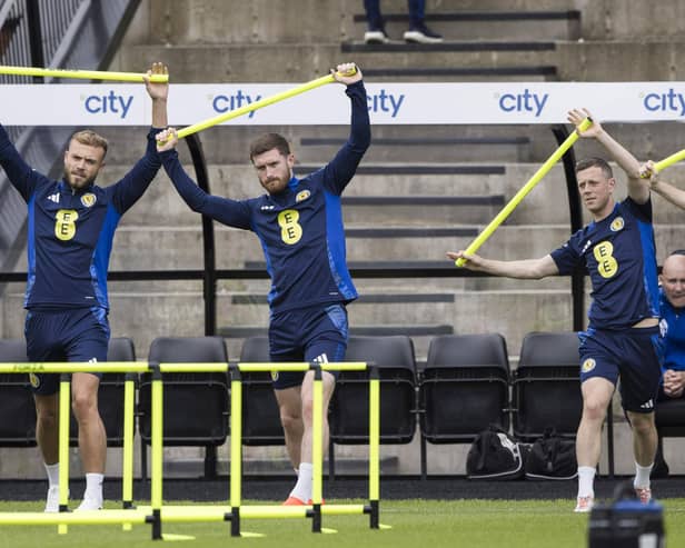 Ryan Porteous, Anthony Ralston, Callum McGregor and Kieran Tierney during a Scotland National Team training session at Lesser Hampden on Thursday.