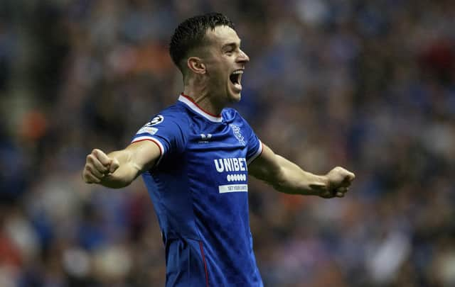 Rangers attacker Tom Lawrence celebrates scoring against PSV Eindhoven with a goal that proved vital to the club negotiating the Champions League play-off amid early season promise dashed by injury. His contribution in that first month leaves Michael Beale in now doubt the Welshman will be "valued" when returning from almost a year out.  (Photo by Craig Williamson / SNS Group)