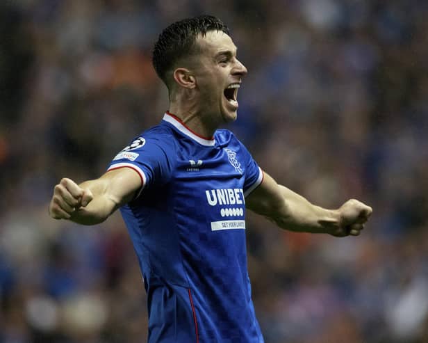 Rangers attacker Tom Lawrence celebrates scoring against PSV Eindhoven with a goal that proved vital to the club negotiating the Champions League play-off amid early season promise dashed by injury. His contribution in that first month leaves Michael Beale in now doubt the Welshman will be "valued" when returning from almost a year out.  (Photo by Craig Williamson / SNS Group)
