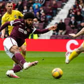 Ellis Simms misses a chance for Hearts during a cinch Premiership match between Hearts and Ross County at Tynecastle, on April 30, 2022, in Edinburgh, Scotland.  (Photo by Sammy Turner / SNS Group)