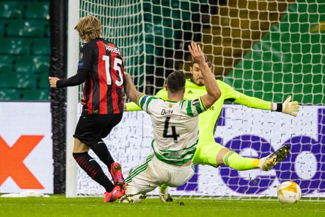 GLASGOW,  SCOTLAND  - OCTOBER 22: Jens Petter Hauge makes it 3-1 to AC Milan during the UEFA Europa League match between Celtic and AC Milan at Celtic ParkOctober 22, 2020, in Glasgow, Scotland. (Photo by Craig Williamson / SNS Group)
