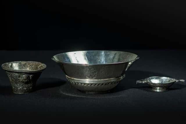 The trumpet bell, mazer  and quaich are significant examples of seventeenth-century Scottish silversmithing and have been donated to the National Collections by Ron and Rosemary Haggarty. PIC:  Phil Wilkinson.