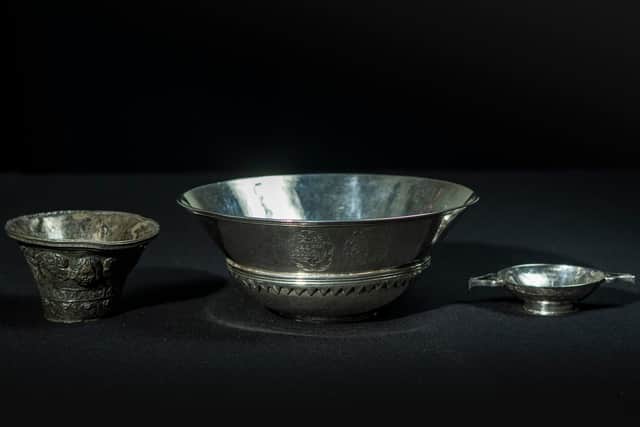 The trumpet bell, mazer  and quaich are significant examples of seventeenth-century Scottish silversmithing and have been donated to the National Collections by Ron and Rosemary Haggarty. PIC:  Phil Wilkinson.