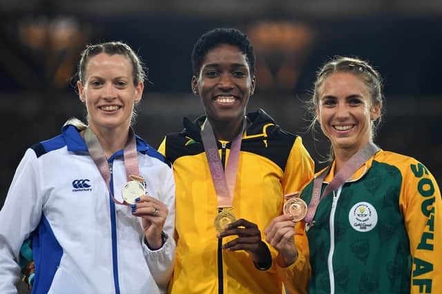 Showing off her silver medal on the podium at the Gold Coast 2018 Commonwealth Games.