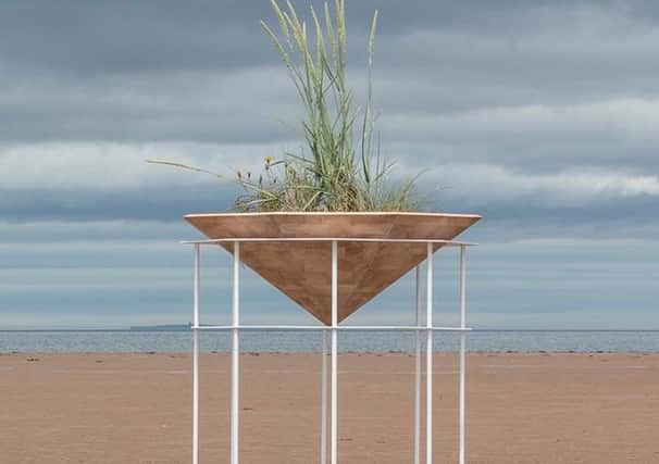 Dune Cradle by Hannah Imlach, created and installed at Belhaven Bay, Dunbar, during the artist's John Muir Residency in 2017