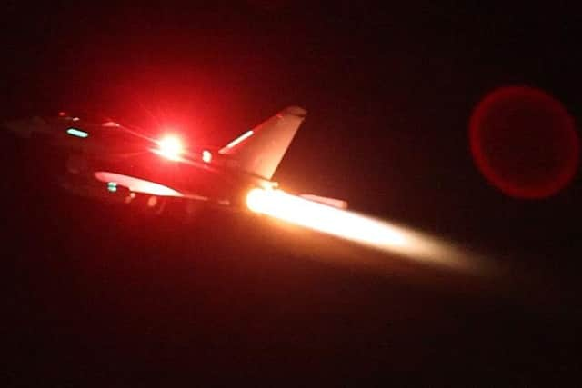 An RAF Typhoon FGR4 taking off from RAF Akrotiri to conduct strikes against military targets in Yemen. Picture: Ministry of Defence/PA Wire