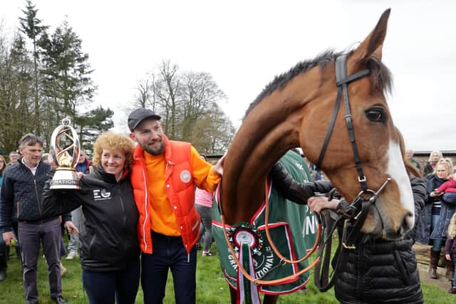 Corach Rambler with trainer Lucinda Russell and owner Thomas Kendall during the Randox Grand National winners homecoming at Arlary House Stables, Kinross. Picture date: Sunday April 16, 2023.