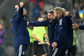 Scotland head coach Steve Clarke (left) celebrates with his staff after the goalless draw with Ukraine at the Stadion Cracovii in Krakow, Poland.