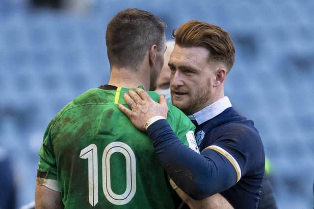 Scotland's Stuart Hogg with Johnny Sexton at full time during the Guinness Six Nations match between Scotland and Ireland at BT Murrayfield, on March 14 in Edinburgh, Scotland.  (Photo by Ross MacDonald / SNS Group)
