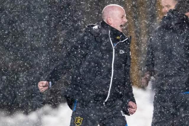 Livingston manager David Martindale celebrates his sides equalising goal during a Scottish Premiership match between Livingston and Celtic at the Tony Macaroni Arena, on January 20, 2021, in Livingston, Scotland. (Photo by Alan Harvey / SNS Group)