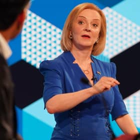 Rishi Sunak and Liz Truss taking part in the BBC Tory leadership debate, Our Next Prime Minister, presented by Sophie Raworth, a head-to-head debate at Victoria Hall in Hanley, Stoke-on-Trent, between the Conservative party leadership candidates. Picture date: Monday July 25, 2022.