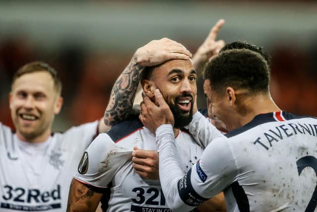 Kemar Roofe celebrates his record-breaking goal in Rangers' 2-0 Europa League win over Standard Liege in Belgium. (Photo by BRUNO FAHY/BELGA/AFP via Getty Images)
