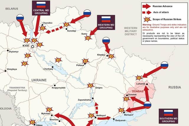 MOD. Ministry of Defence, Defence Intelligence. Map of Ukraine showing Russian attacks and troop locations on Sunday, February 27, 2022.