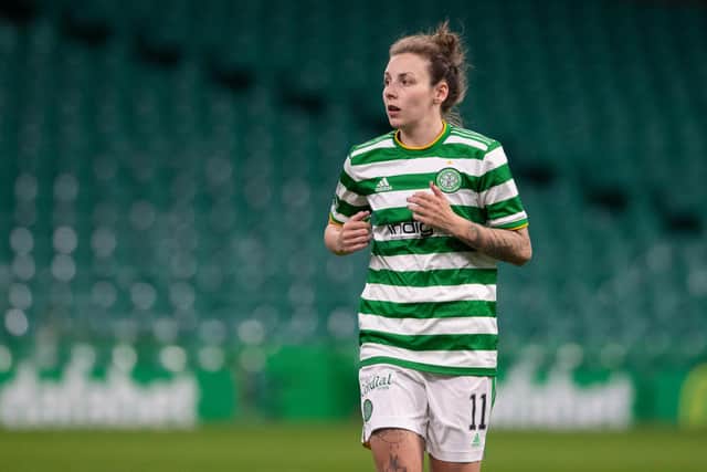 GLASGOW, SCOTLAND - APRIL 21: Sarah Ewens in action for Celtic during a SWPL match between Celtic and Rangers at Celtic Park, on April 21, 2021, in Glasgow, Scotland. (Photo by Craig Foy / SNS Group)