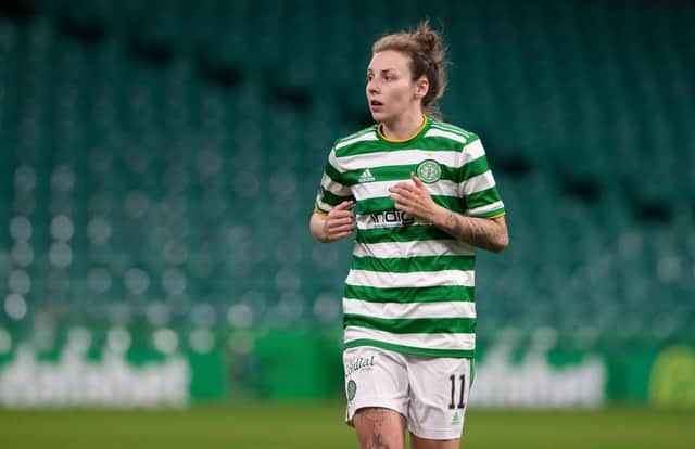 GLASGOW, SCOTLAND - APRIL 21: Sarah Ewens in action for Celtic during a SWPL match  between Celtic and Rangers at Celtic Park, on April 21, 2021, in Glasgow, Scotland. (Photo by Craig Foy / SNS Group)