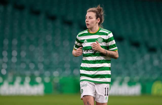 GLASGOW, SCOTLAND - APRIL 21: Sarah Ewens in action for Celtic during a SWPL match between Celtic and Rangers at Celtic Park, on April 21, 2021, in Glasgow, Scotland. (Photo by Craig Foy / SNS Group)