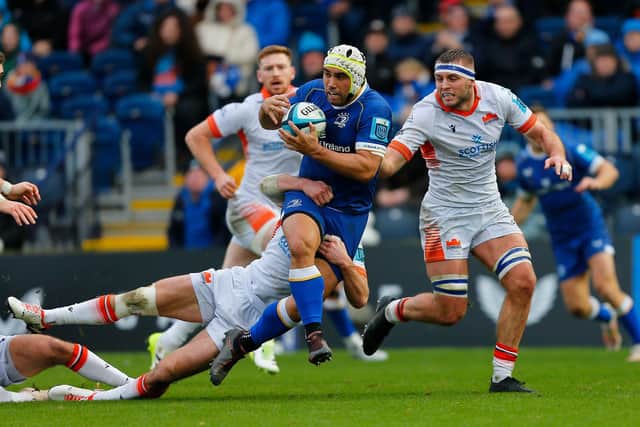 Charlie Ngatai of Leinster is tacked by Matt Currie of Edinburgh.