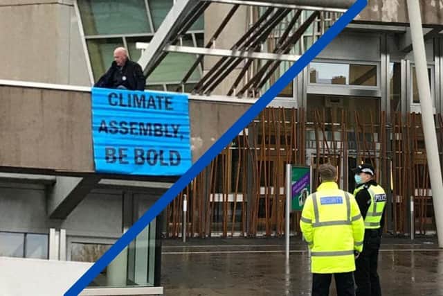 The group, which uses non-violent direct-action to raise awareness of the climate emergency, unfurled a banner which read: “CLIMATE ASSEMBLY, BE BOLD.”