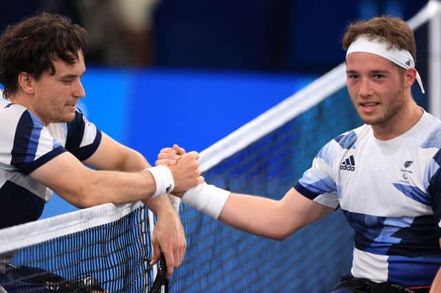 Gordon Reid of Team Great Britain reacts after defeating Alfie Hewett of Team Great Britain in the men's singles Wheelchair Tennis bronze medal match on day 11 of the Tokyo 2020 Paralympic Games at Ariake Tennis Park on September 04, 2021 in Tokyo, Japan. (Photo by Carmen Mandato/Getty Images)