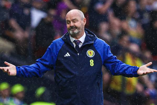 Scotland manager Steve Clarke reacts to the waterlogged scenes at Hampden that resulted in the match against Georgia being delayed by 99 minutes. (Photo by Craig Williamson / SNS Group)