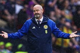 Scotland manager Steve Clarke reacts to the waterlogged scenes at Hampden that resulted in the match against Georgia being delayed by 99 minutes. (Photo by Craig Williamson / SNS Group)