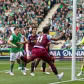 Aston Villa's Ollie Watkins scores a header to make it 2-0 over Hibs (Photo by Ross Parker / SNS Group).