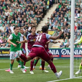 Aston Villa's Ollie Watkins scores a header to make it 2-0 over Hibs (Photo by Ross Parker / SNS Group).