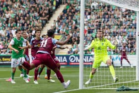 Aston Villa's Ollie Watkins scores a header to make it 2-0 over Hibs (Photo by Ross Parker / SNS Group).