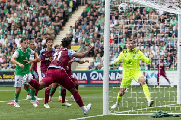 Aston Villa's Ollie Watkins scores a header to make it 2-0 over Hibs (Photo by Ross Parker / SNS Group).
