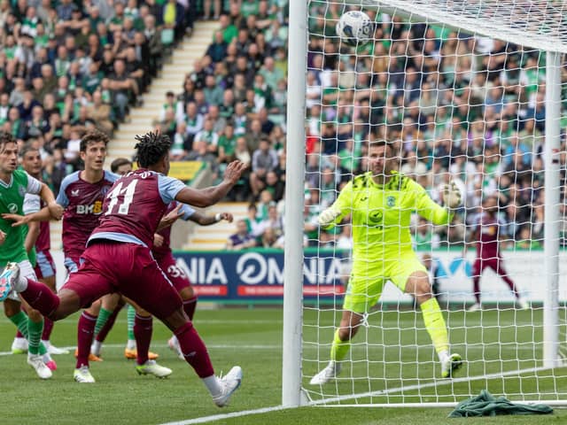 Aston Villa's Ollie Watkins scores a header to make it 2-0 over Hibs (Photo by Ross Parker / SNS Group).