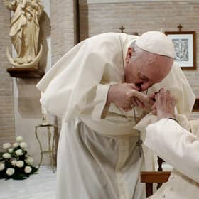 Pope Francis, left, during a visit to Pope Benedict XVI at his residence of the Mater Ecclesiae Monastery in the Vatican in 2020.