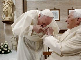 Pope Francis, left, during a visit to Pope Benedict XVI at his residence of the Mater Ecclesiae Monastery in the Vatican in 2020.