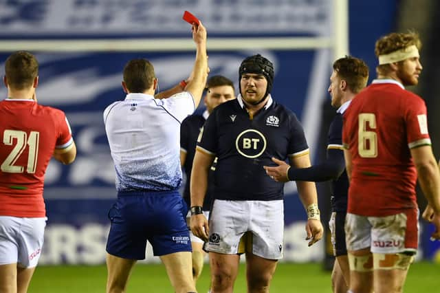 Scotland's Zander Fagerson is shown a red card during. Picture: SNS