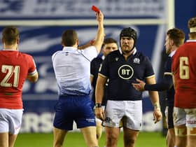 Scotland's Zander Fagerson is shown a red card during. Picture: SNS