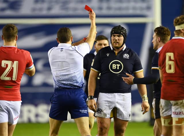 Scotland's Zander Fagerson is shown a red card during. Picture: SNS