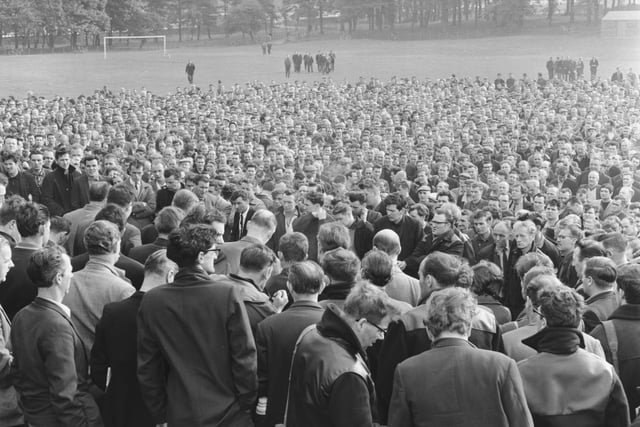 Workers from the BMC car plant at Bathgate hold a strike meeting in the town's Inch Park in June 1966.