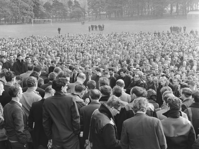 Workers from the BMC car plant at Bathgate hold a strike meeting in the town's Inch Park in June 1966.